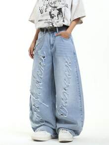 1 chiếc quần jeans ống rộng rách laser hiệu Hearty Haven dành cho nam, kiểu dáng thời trang, thoải mái, phù hợp cho mọi mùa (Không bao gồm thắt lưng hoặc phụ kiện) - Rửa nhẹ - Xem 5