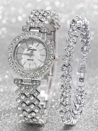 Elegante Rhinestone Horloge Is able, Luxurious All Quartz Watch, Paired Heart Shaped Diamond Jewelry Bracelet Set, Festivals, Parties, Weddings, Parties Wear, The Best Women.