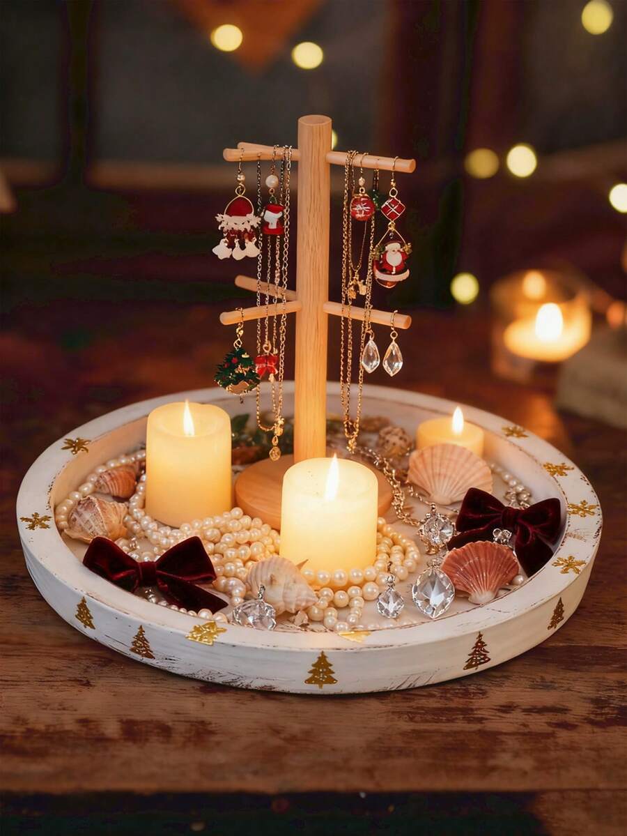 1pc 7.8in/11in Vintage Distressed Wooden Tray, Coffee Cup Candle Holder Decorative Plate For Living Room, Kitchen Tabletop, Handmade Wooden Storage Decor, Halloween/Christmas Gift