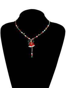 1pc Christmas Atmosphere Necklace With Bow & Santa Hat Colorblock, Fashionable New Year Party Necklace, New Year Gift Necklace