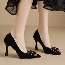 Las mujeres de tacón alto francés hebilla cuadrada primavera y otoño temperamento cien con punta boca poco profunda zapatos individuales - Negro - Ver 3