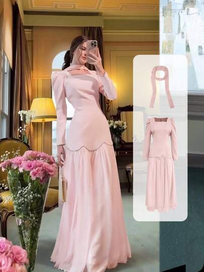 Set de 2 piezas: Vestido maxi de cuello cuadrado de unicolor elegante con mangas abullonadas + 1 bufanda, adecuado para banquetes de boda, para todas las estaciones