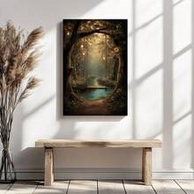 1pc Framed Canvas Wall Art, Magical Forest Swing Enchanted Woodland With Lanterns Fireflies Fantasy Nature Art Print Canvas Poster Painting Wall Decor, Ideal Gift For Bedroom Living Room Hallway Dorm, Ready To Hang - 彩色 - 查看 2