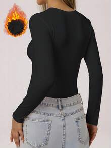 Women's Long Sleeve Base Layer Thermal Lined Solid Color Thermal Underwear Top, Super Soft For Outdoor, Casual, Home Wear, Suitable For Cold Weather, Fall / Winter - Black - View 3