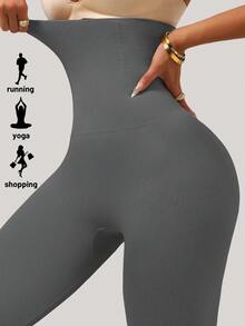 1Pc High Waist Tummy Control Yoga Pants, Slimming Lifting Stretchy Cropped Leggings, Suitable For All Seasons Tights - Dark Grey - View 6