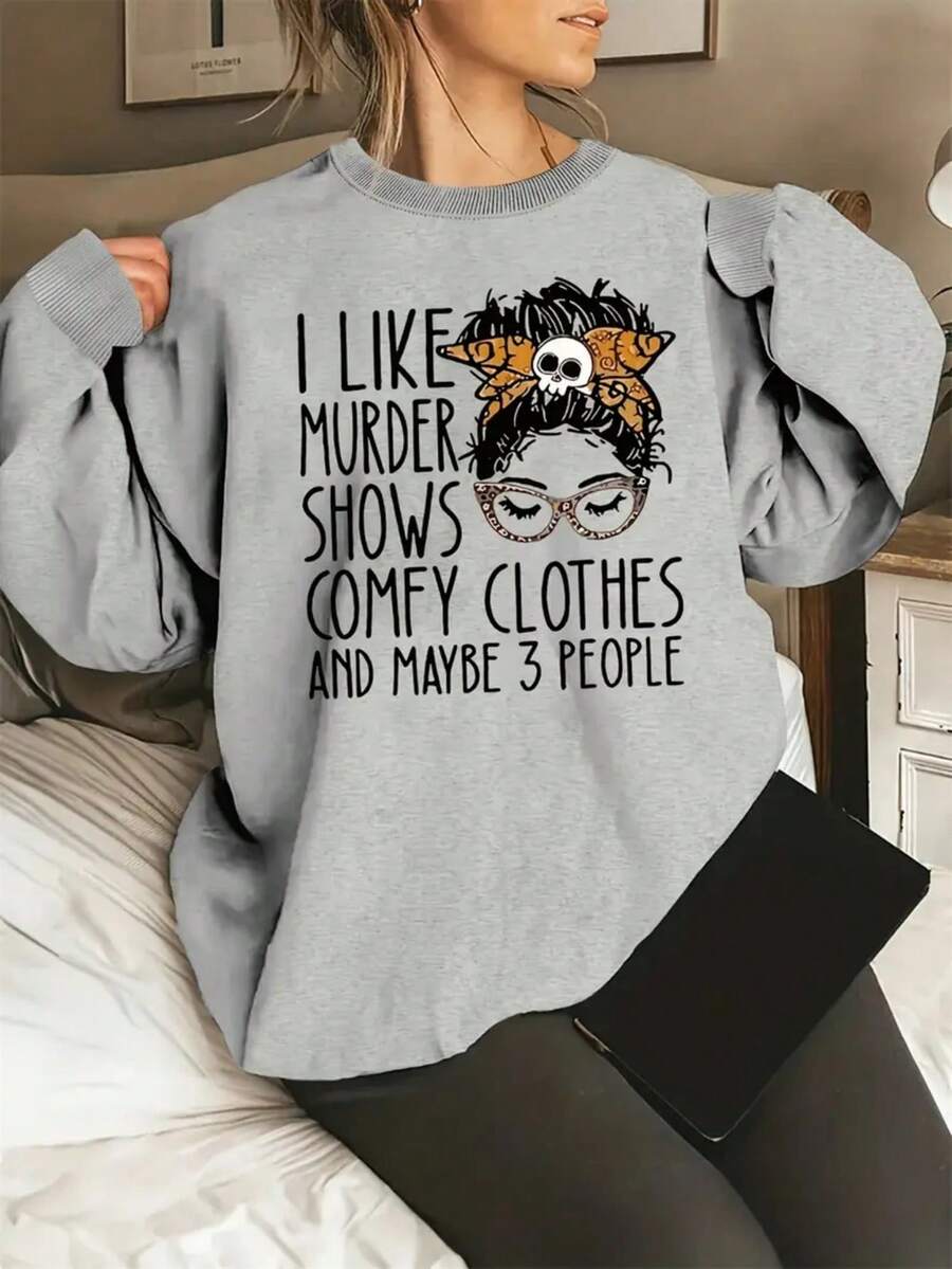 Camisas Para MujerWomen'S Shows & Crime Drama TV Fan Graphic Sweatshirt - Funny "I Like Shows & Maybe 3 People" Slogan With Crime Scene Tape Design, Soft Stretchy Casual Pullover Sweater For Spring Summer, True Crime Podcast & Ino Apparelhalloween Fall Clothes For Women - 灰色 - 查看 1