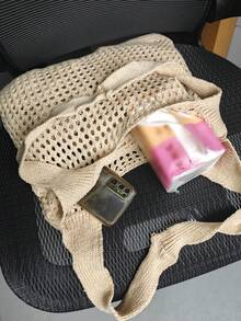 返校季，女士针织单肩包，复古镂空编织大容量花卉装饰购物手提包，女士钩针编织包，夏季沙滩手提包，沙滩包