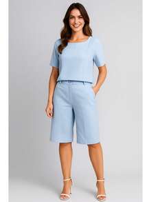 Elegant Women's Set With Blouse And Bermuda Shorts In Sensory Fabric - Baby Blue - View 1