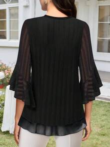 CheersLife Women's 3/4 Sleeve Tie Waist Top, Casual Loose Printed Blouse With Layered Ruffle Mesh - Black - View 5