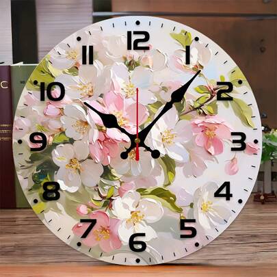 10inch Peach Blossom Silent Wall Clock - Wooden Round Design, Pink And White Floral Background, Battery Operated (AA Batteries Not Included), Perfect For Living Room Or Study Decoration, Ideal Gift For Friends And Family, Living Room Wall Clock