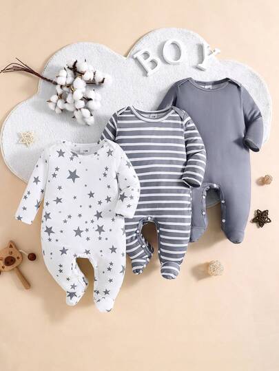 3 Peças Conjunto de Macacão Casual de Manga Longa com Estampa de Estrela e Listras para Bebê Menino