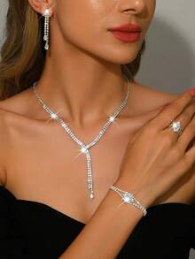 5pcs Luxury Rhinestone Embellished Necklace, Earrings, Bracelet And Ring Set For Women's Daily Commute, Wedding, Party And Holiday Gifts