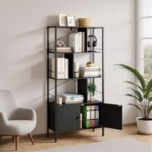 Freistehendes, doppel-türiges, sechsstöckiges, leiterförmiges Bücherregal mit Metallregalen, geeignet für Wohnzimmer, Arbeitszimmer, Büros und industrielle Designumgebungen