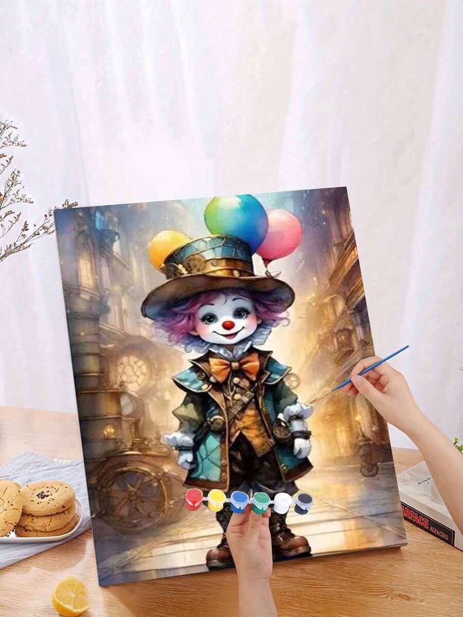1 Set Beginner DIY Adult Number Painting Kit Includes Paints, Canvas, Brushes And Instructions | Steampunk Clown With Balloons | 40x50cm/15.7x20in Frameless, Suitable For Home Decor, Family Activities, Father's Day, Mother's Day, Holiday Gifts - 彩色 - 查看 1