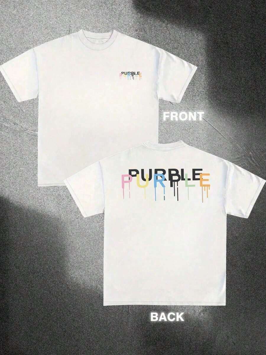 [Sporty T-Shirt]Size Plus Summer Tee 1pcs Men's 220g 100% Cotton Casual T Shirt Double Sided Digital Printed Tee Dripping Paint PURBLE Design Stylish Summer Fashion For MenRelaxed Plus Size T-Shirt - 白色 - 查看 1