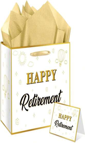 EIGHTSTATES White Retirement Gift Bag For Women Man White Gold Happy Retirement Gift Bag With Card And Tissue Paper &Amp; Wrapping Paper, For Office Farewells Retired Party Decorations Supplies