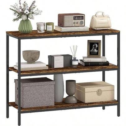 3 - Tier Console Table With Storage Shelves, Industrial Entryway Table Living Room, Hallway, Rustic Brown
