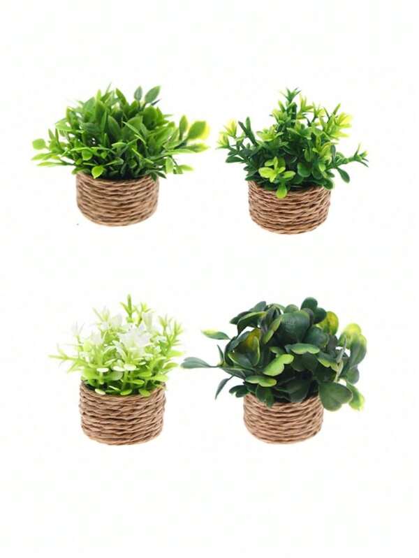 Artificial Woven Rattan Small Potted, Miniature Artificial Bonsai Plants Tiny Greenery, Faux Greenery Planter Pot Ornament, For Dollhouse Decoration, Mini Scenery Photography Props Low Maintenance Vivid Appearance, For Desktop Party, Kitchen, Garden Decor, Christmas Holiday Gift Home Decor, Back To School, Room Decor, School Supplies