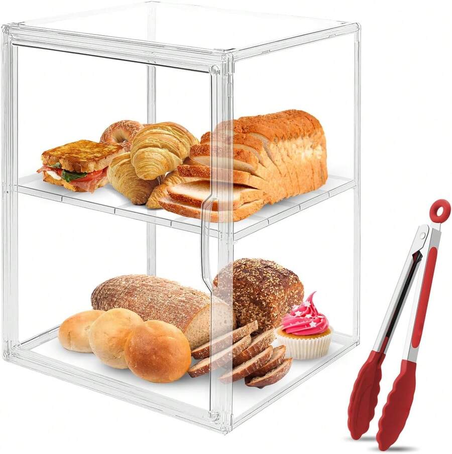 Vitrina para Pan, Panera para Pan Transparente con Pinzas de Cocina, 2 Capas Ajustable. Panera para Pan Apilable Vitrina Exhibidor para Pan, Bagel, Magdalena, Bocadillo, Mantequilla - 1 - Ver 1