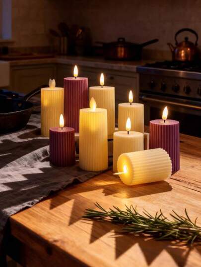 Plastic Beige Gear Striped Electronic Flameless Candle Set, Modern Flameless LED Party Candles, Faux Stone Wax Material Home Decor Candle Accessories