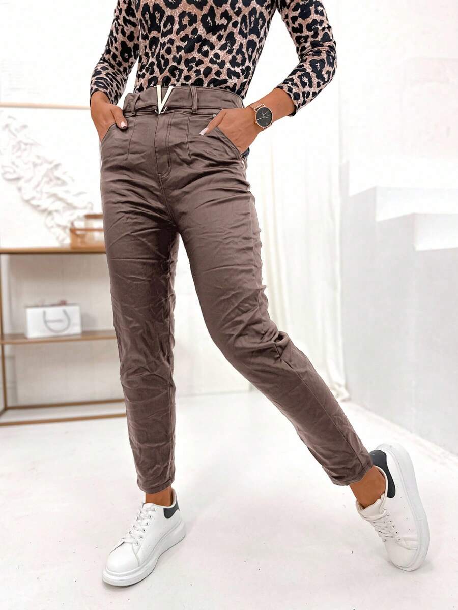 Damen PU-Lederhose, Damen Fleece-gefütterte Kunstlederhose MOMFIT Fleece-Lederhose, SKINNY-Reißverschluss-Design Winterwarme PU-Leder-Skinny-Hose Komfort-Lederhose mit Stretch Slim Fit Warmes Kunstleder - Schokoladenbraun - Übersicht 1