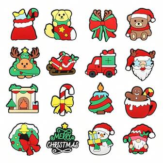 16pcs/Set Merry Christmas Santa Claus, Christmas Tree, Christmas Gift Box, Gingerbread Man, Christmas Wreath, Santa Hat, Christmas Stocking, Shoe Flower Christmas Themed Cute Multi-Color PVC Shoe Charms Suitable For Hole Shoes