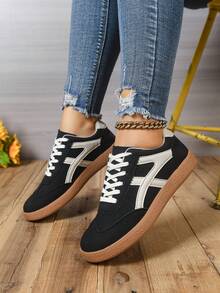 Women's Casual Versatile White Striped Accent Sneakers, Fashion Attractive Comfortable Durable Rubber Soft Sole Athletic Shoes, Breathable Lightweight Patchwork Sports Shoes For Women - 黑色 - 查看 3