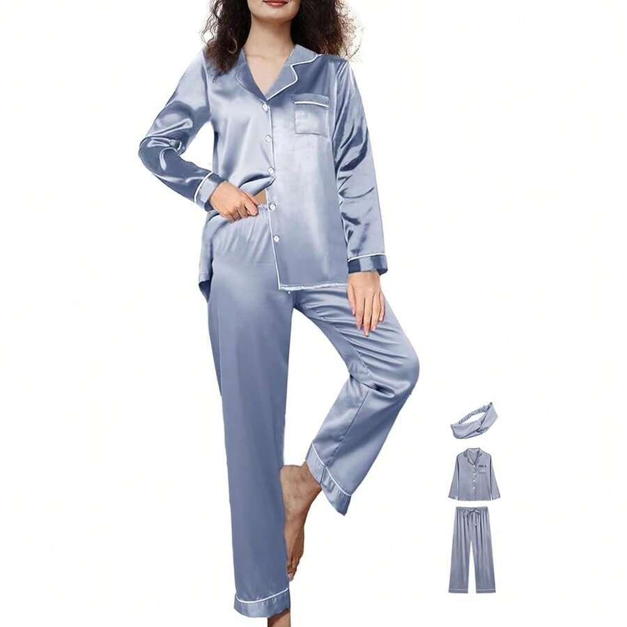 Womens 3Pcs Satin Pajamas Set Silk Pajama Sets XS-3XL Long Silky Pj Sets Nightwear Pjs Set Sleepwear Loungewear{"Color_name":"DustyBlue","Size_name":"Large"} - 多色14 - 查看 1