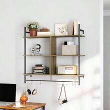 Floating Shelves, 104CM Wall Mounted Ladder Shelf With 4 Hooks, Rustic Hanging Display Shelf Living Room, Entryway, Kitchen, Rustic Brown - Grey Wood Effect - View 8