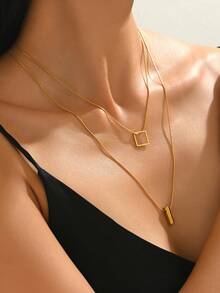 1pc Double Layer Pendant Necklace With Square And Cylindrical Pendants, Simple Design Exudes Elegance And Sophistication, Adds Graceful Lines To The Neck - Double-layer Pendant - View 7