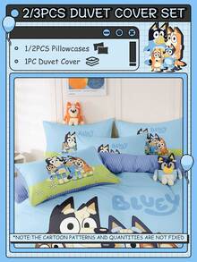 Bluey 2/3件套 Brui 床上用品套装，Brui 床上用品，舒适防起球床上用品套装，亲肤卡通风格被套套装，家纺，被套和枕套，不含被芯，适用于单人床、双人床、大号床、特大号床，四季皆宜，可机洗，秋季装饰，房间装饰，返校季，学习用品，秋季装饰，秋季装饰，房间装饰