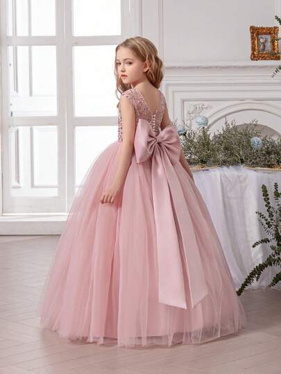 Tween Girl Elegant Bow Decor Dress, Flower Girl Princess Dress Suitable For Girls Wedding, Party, Birthday, Communion, Important Occasions