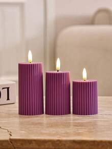 Plastic Beige Gear Striped Electronic Flameless Candle Set, Modern Flameless LED Party Candles, Faux Stone Wax Material Home Decor Candle Accessories
