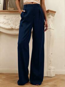 女士纯色休闲优雅通勤简约直筒裤，适合日常穿着、通勤和办公室穿着，春季款 - 藏蓝色 - 查看 8