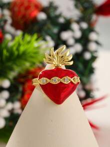 1pc Fashionable Creative Elegant Design Copper Inlaid Synthetic Asymmetric Teardrop Heart Ring, Suitable For Women, Sisters, Couples As Jewelry Gift, Also Suitable For Valentine's Day, Daily Gathering, Date, Party, Banquet, Wedding, Holiday, Summer Beach Vacation And Other Occasions, Red Accessory - Ring - View 15