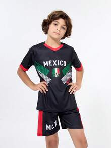 SURUIDA 2 Pcs Mexican Boy Soccer Jersey, Youth Casual Football Uniform, V-Neck Digital Printing Style T-Shirt Set, Suitable For Outdoor Sports, Team Match, Training, Stage Performance, Daily Wear In Summer, Short Sleeve - 黑色 - 查看 4