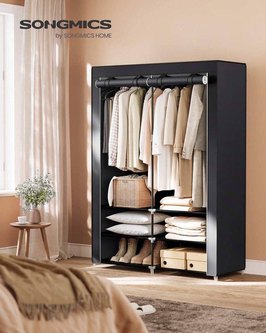 Fabric Wardrobe 45 x 127 x 176 cm 2 Hanging Compartments with Shelves 4 Side Pockets Large Space for Bedroom Living Room Black - Schwarz - Übersicht 1