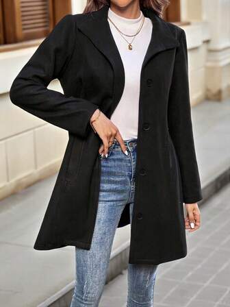 女士纯色长袖前开襟纽扣口袋休闲办公外套，秋冬款