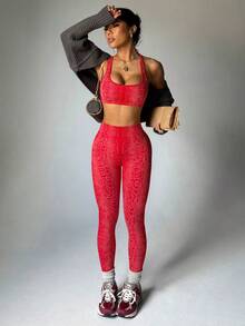 Slayoga 1件装女士无缝性感蛇纹露背高弹力带健身运动体操舞蹈跑步瑜伽运动套装 - 紅色 - 查看 3