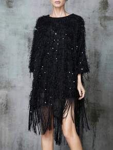 Magic Mia Women's Elegant Black Sequin Fringe Dress - Sparkly Tassel Hem Loose Fit Gown | Flapper Style Evening Dress For Semi-Formal, Daily Wear, Holidays & Wedding Guest - màu đen - Xem 3
