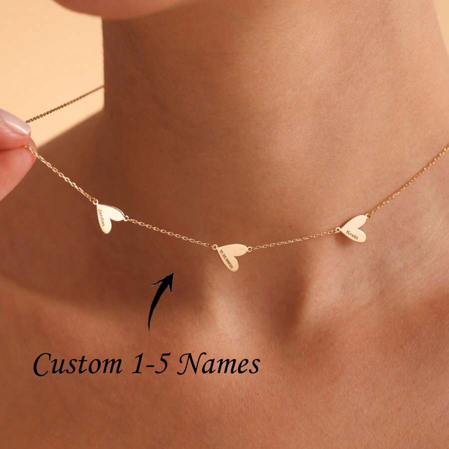 Personalized Engraved 1-5 Hearts Names Necklace ,Personalized Mom Necklace With Kids Names ,Family Heart Pendant Necklace, Christmas Mom Gift Personalized Gifts, Anniversary Gift, Christmas Gift, Gold, Stylish, Colorful, Vintage