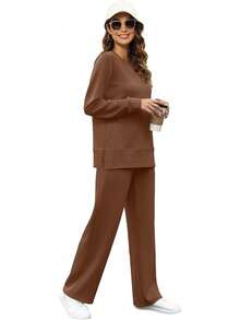 OFEEFAN Women's 2 Piece Lounge Set Travel Airport Outfits Side Slit Tracksuit Wide Leg Loungewear Baggy Comfy Sweatsuit S-3XL - màu nâu - Xem 2