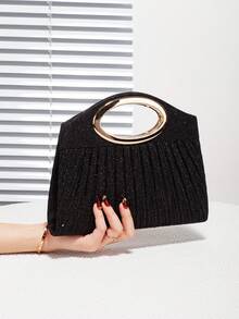 Women's Glitter Handbag With Ruffle, Iridescent Shoulder Crossbody Chain Bag, Fashion Versatile Purse With Minimalist Chain Hardware Design, Suitable For Party, Wedding, Prom, Banquet/Formal Occasions, Perfect Gift For Women - Black - View 3