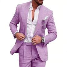 Costumes For Men New Men's Plus Size Two-Piece Suit Set Single-Button Linen Solid Color Suit - 深灰色 - 查看 4
