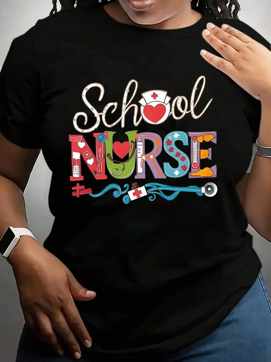Plus Size School Nurse T-Shirt Colorful Nurse Logo And Text Design For School Nurses And Healthcare Workers 220g - Black - View 1