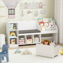 Wooden Kids Bookshelf W/Reading Nook Padded Seat Open Cubes Adjustable Shelf - White - View 1