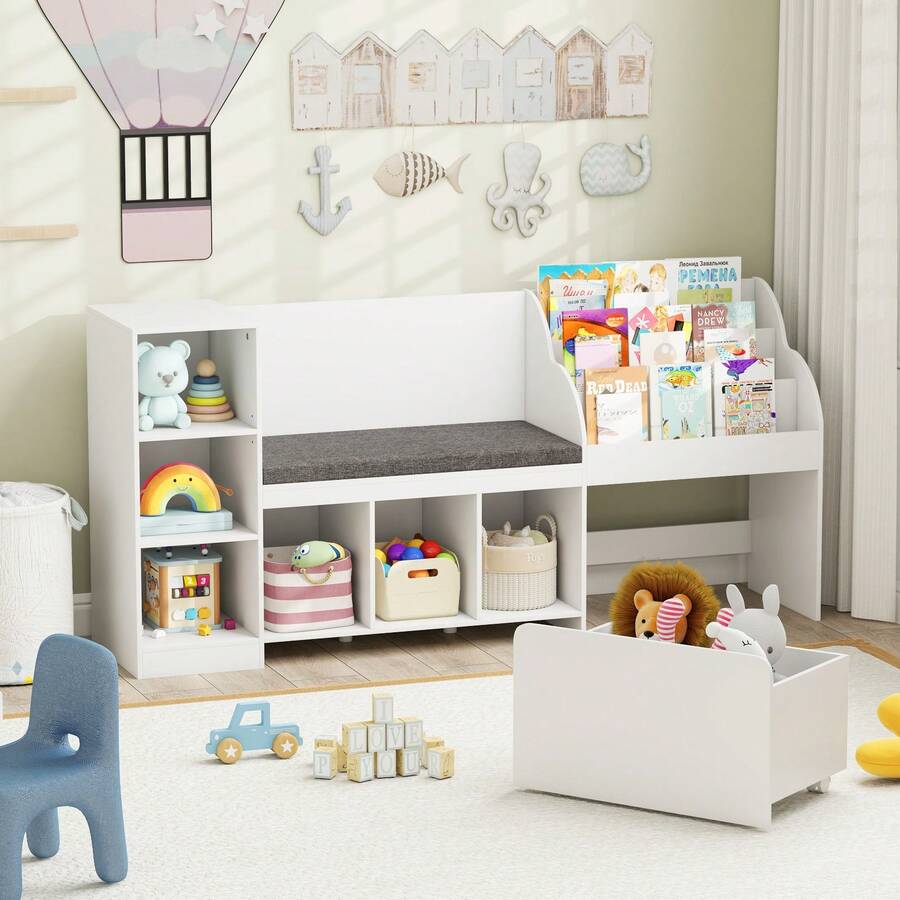 Wooden Kids Bookshelf W/Reading Nook Padded Seat Open Cubes Adjustable Shelf - White - View 1