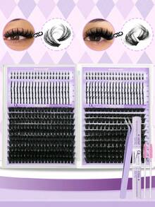 590 Peças Kit de Extensão de Cílios DIY Curl D 100D+150D Volume Lash Clusters Com Espigões Kit de Extensão de Cílios Inferiores Wispy Cluster Extensões de Cílios Com Adesivo de Cílios e Pinça Escova Fácil de Aplicar