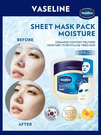 Vaseline [23毫升 x 10片] | 开斋节快乐 | 节后焕发光彩 | 蕴含神经酰胺和凡士林凝胶的修护面膜 | 敏感及干燥肌肤屏障修护 | 密集保湿面膜 | 韩国护肤 | 韩国制造