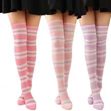 DRESHOW 3 Pairs Thigh High Socks Striped Over Knee Thin Tights Long Stocking Knee High Leg Warmer{"Color_name":"3PairsStripe:LightPurple"} - Multicolor6 - View 7
